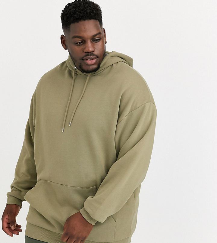 Asos Design Plus Oversized Longline Hoodie In Light Khaki-green