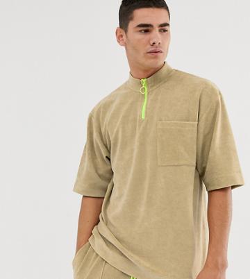 Collusion Two-piece Half Zip T-shirt In Towelling Fabric-tan