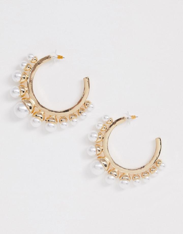 Asos Design Hoop Earrings With Graduating Pearls In Gold Tone - Gold