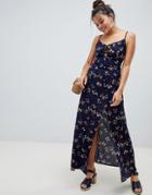 Brave Soul Poppy Maxi Dress With Front Split - Navy