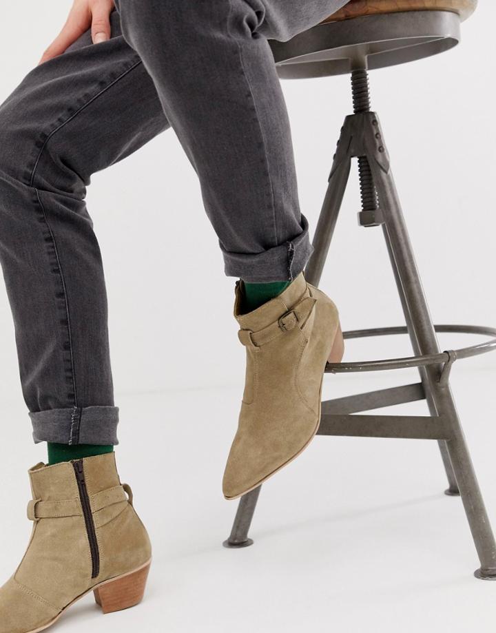 Asos Design Stacked Heel Western Chelsea Boots In Stone Suede-neutral