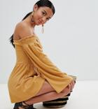 Asos Design Petite Off Shoulder Jersey Romper With Lace Trim-yellow