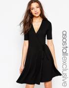 Asos Tall Wrap Tea Dress With Short Sleeve - Black