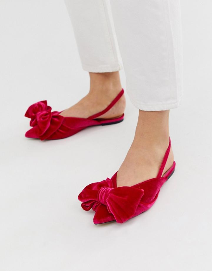 Asos Design Lips Bow Slingback Ballet Flats In Pink Velvet