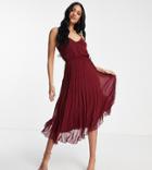 Asos Design Tall Pleated Cami Midi Dress With Drawstring Waist In Oxblood-red