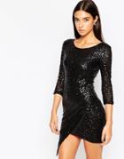 Club L Asymmetric Body-conscious Dress In All Over Sequins - Black