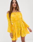 Club L Bardot Plunge Dress With Flute Sleeve - Yellow