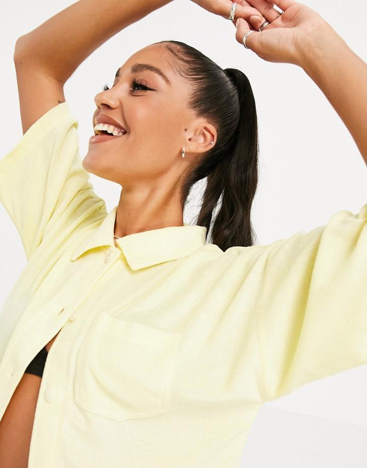Missguided Set Towelling Shirt With Short Sleeve In Lemon-yellow
