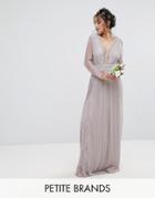Tfnc Petite Wedding Pleated Maxi Dress With Long Sleeves And Lace Inserts With Embellished Waist - Gray