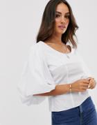 Asos Design Volume Sleeve Low Back Top In Cotton - White