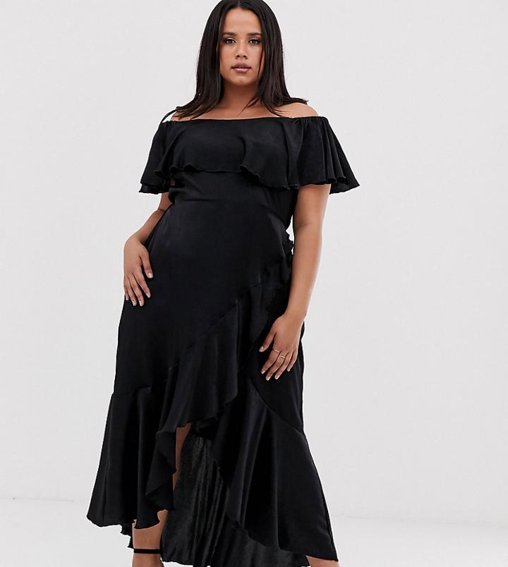 Flounce London Plus Bardot Satin Midi Dress With Frill At Hem In Black - Black