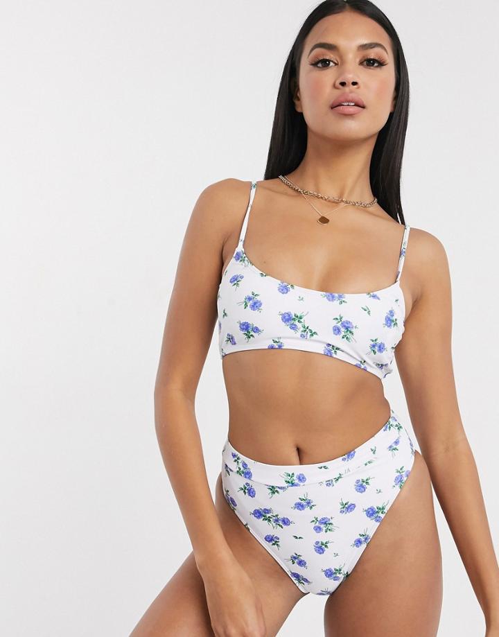 Missguided High Waist High Leg Bikini Bottom In Floral Print-multi