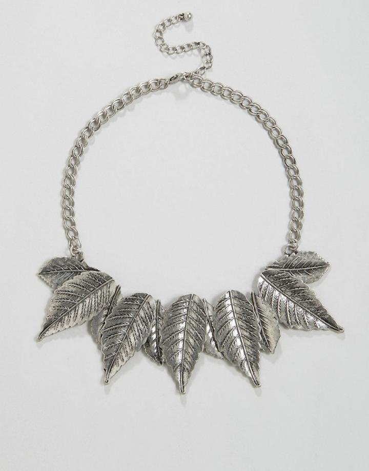 Nylon Statement Leaf Detail Necklace - Silver