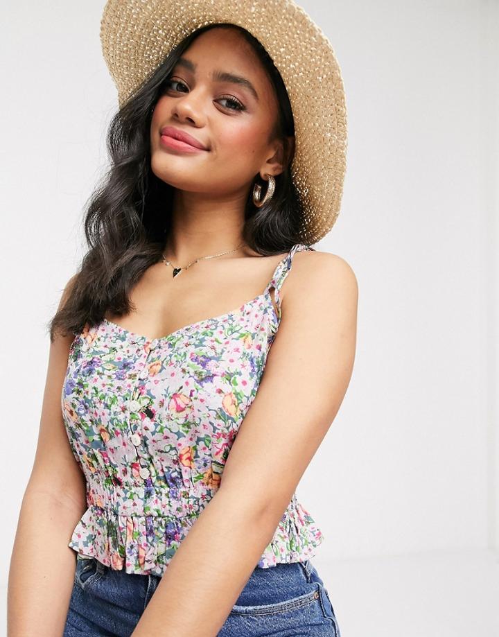 Brave Soul Aona Cropped Button Front Cami Top In Ditsy Floral Print-multi