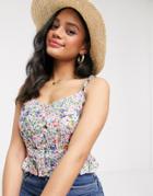 Brave Soul Aona Cropped Button Front Cami Top In Ditsy Floral Print-multi