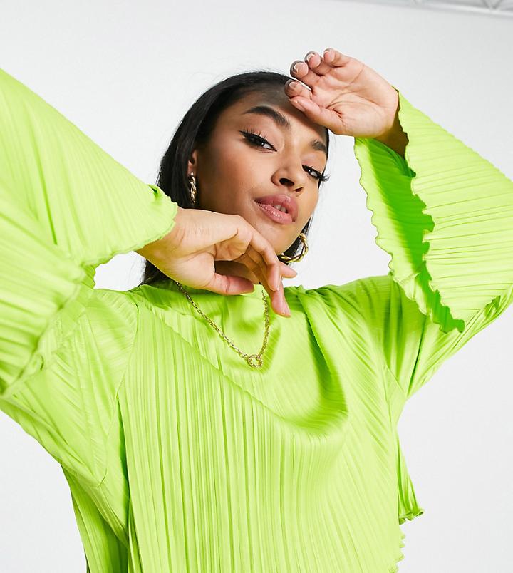 Asos Design Tall Plisse Tie Back Top In Lime-green