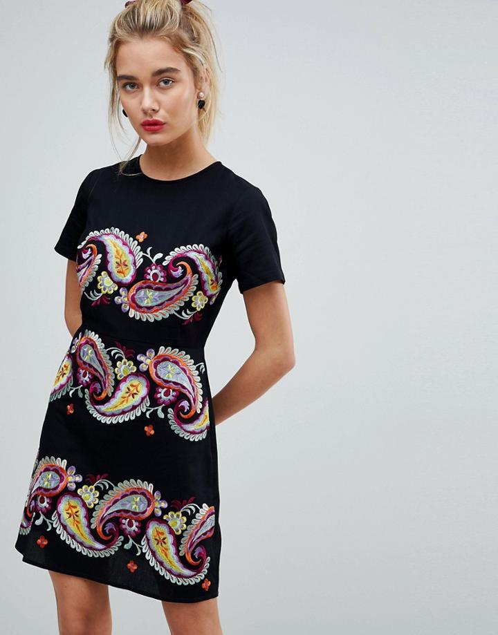 Asos Premium Paisley Embroidered Mini Dress - Black