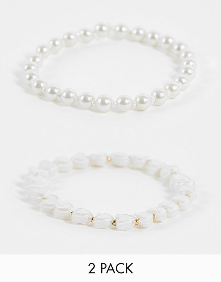 Asos Design Festival 2 Pack Beaded Bracelet Set With Hearts And 6mm Faux Pearl-white