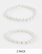 Asos Design Festival 2 Pack Beaded Bracelet Set With Hearts And 6mm Faux Pearl-white