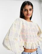 Asos Design Long Sleeve Smock Top With Shirred Detail In Pastel Check-multi