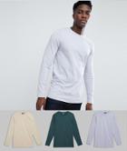 Asos Design 3 Pack Long Sleeve Longline Crew Neck T-shirt Save - Multi