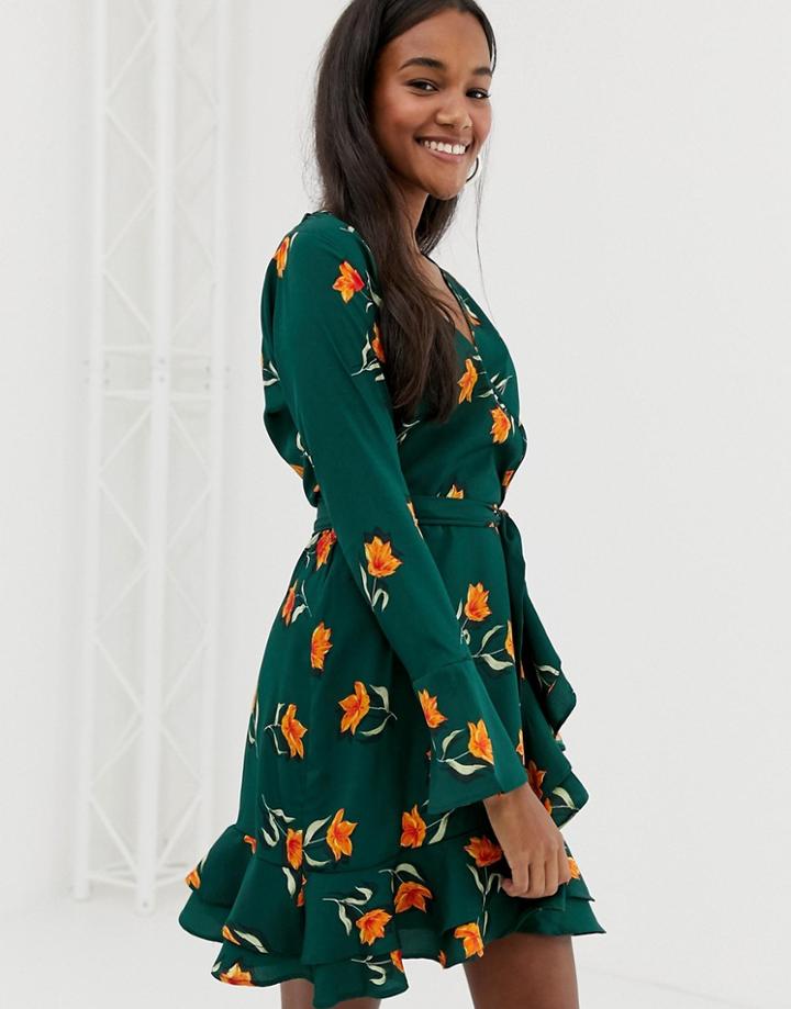 Influence Wrap Frill Skirt Dress In Floral Print - Green
