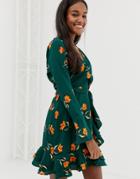 Influence Wrap Frill Skirt Dress In Floral Print - Green
