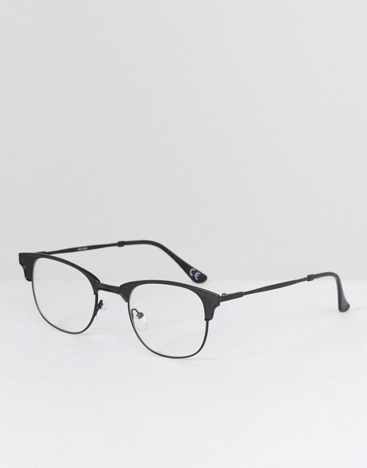 Asos Retro Glasses In Matte Black Metal With Clear Lens - Black