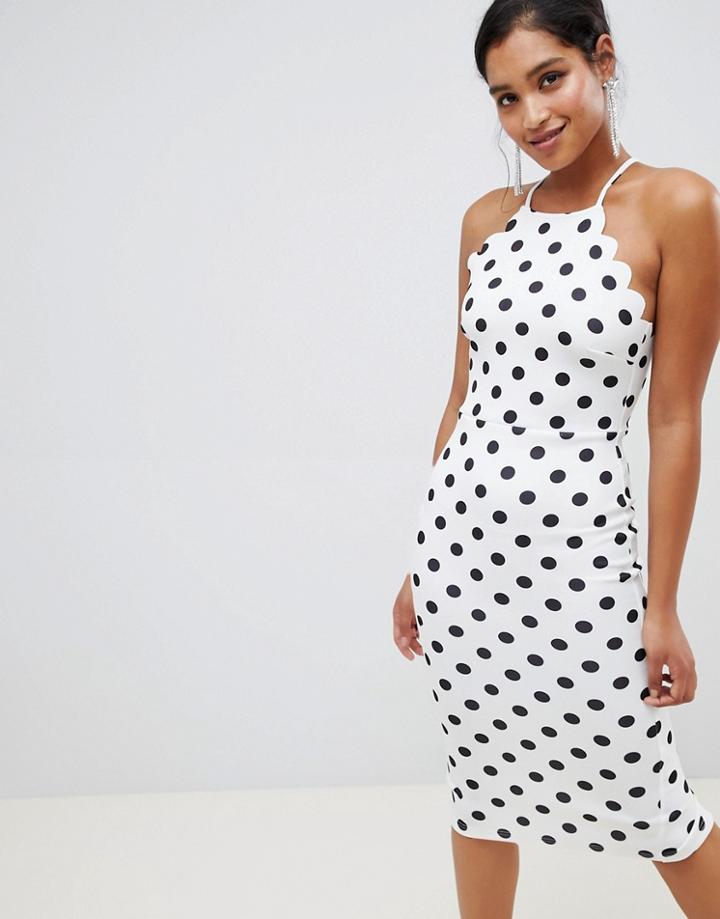 Asos Design Scuba Scallop Bodycon Midi Dress In Polka Dot - Multi