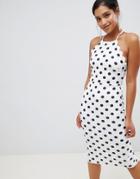 Asos Design Scuba Scallop Bodycon Midi Dress In Polka Dot - Multi