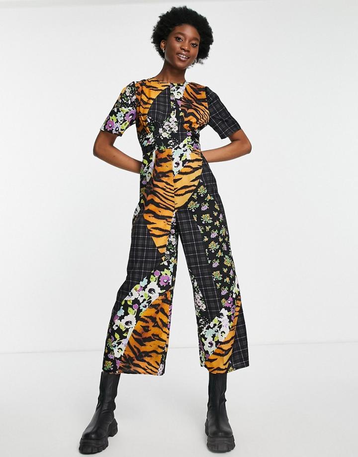 Asos Design Ruched Detail Belted Jumpsuit In Bright Mixed Print-multi