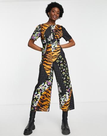 Asos Design Ruched Detail Belted Jumpsuit In Bright Mixed Print-multi