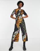 Asos Design Ruched Detail Belted Jumpsuit In Bright Mixed Print-multi