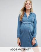 Asos Maternity Belted Shirt Dress In Midwash Blue - Blue
