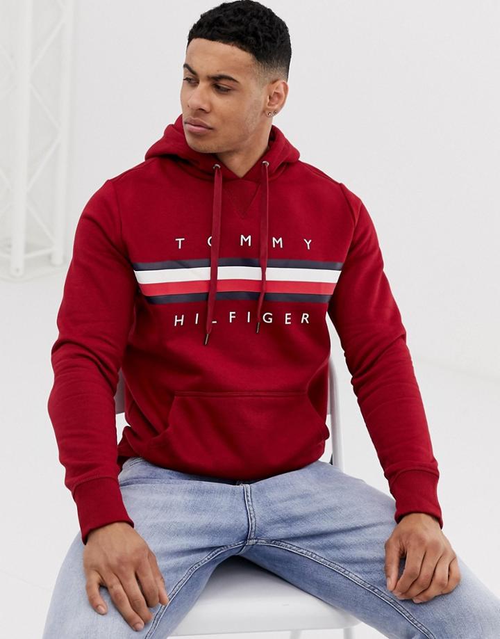 Tommy Hilfiger Icon Stripe Logo Print Hoodie In Burgundy - Red