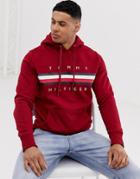 Tommy Hilfiger Icon Stripe Logo Print Hoodie In Burgundy - Red