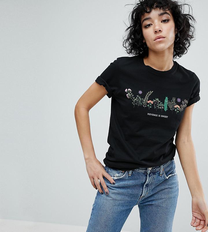 Adolescent Clothing Boyfriend T-shirt With Revenge Slogan & Flower Graphic - Black