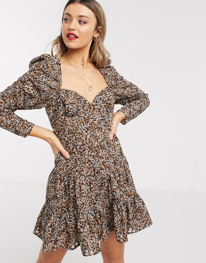 Asos Design Sweetheart Neck Broderie Mini Dress In Leopard Print-multi