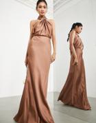 Asos Edition Satin Ruched Halter Neck Maxi Dress In Mocha-brown