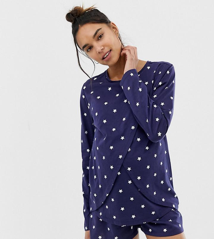 Asos Design Maternity Nursing Wrap Star Pyjama Short Set-navy