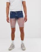 Asos Design Denim Shorts In Mid Blue With Pink Ombre