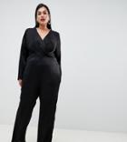 Asos Design Curve Satin Jumpsuit With Wrap And Pleat Detail-black