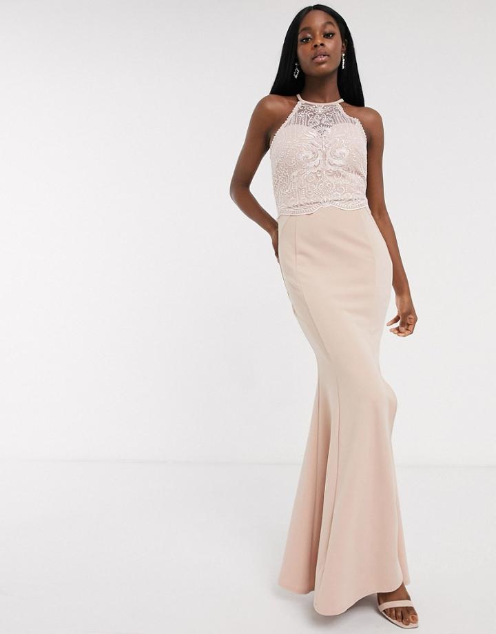Lipsy Halterneck Lace Applique Top Maxi In Taupe-brown