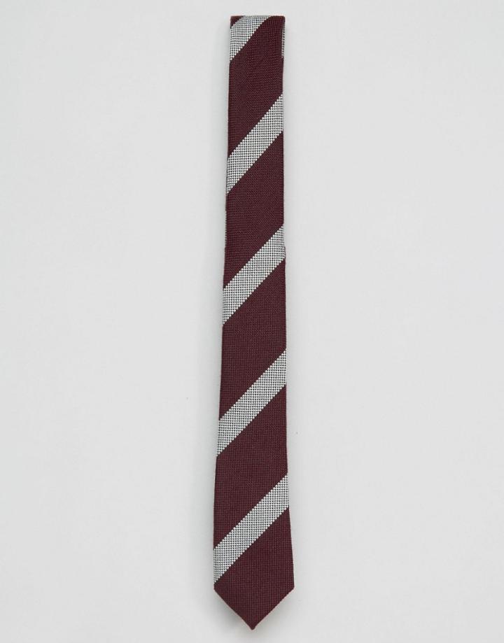 Asos Slim Tie With Wool Mix Stripe In Burgundy - Red