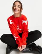 Asos Design Christmas Sweater With Reindeer Pattern-red