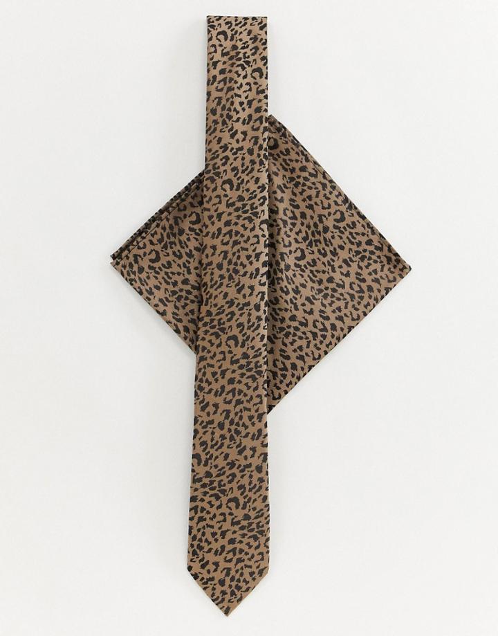 River Island Tie Set In Leopard Print - Cream