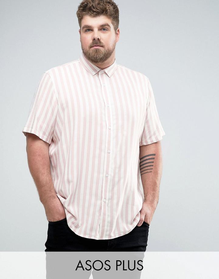 Asos Plus Regular Fit Viscose Stripe Shirt In Pink - Pink