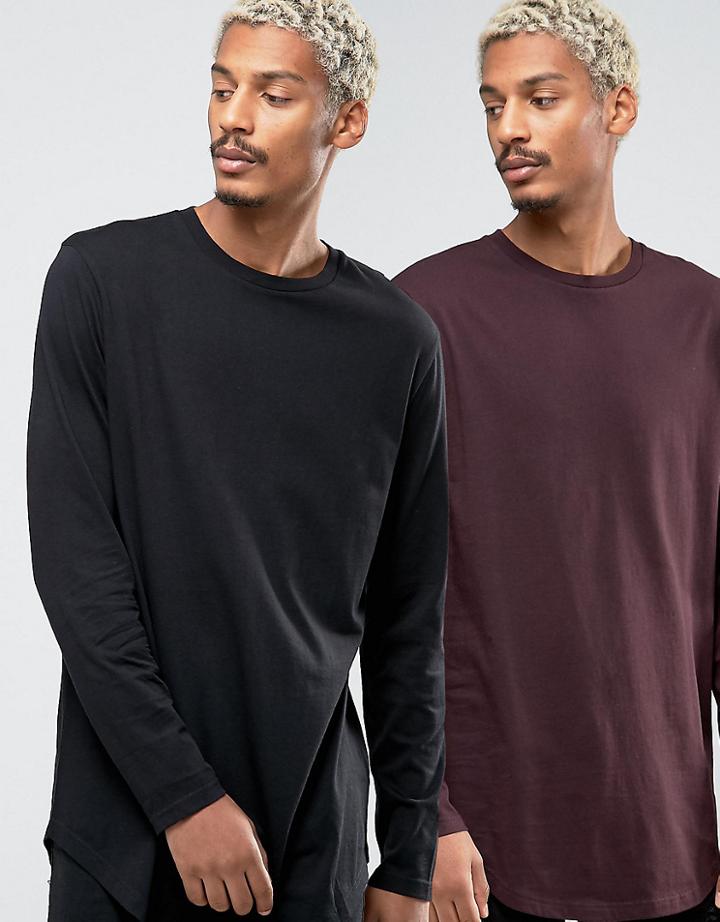 Asos Longline Long Sleeve T-shirt With Curve Hem 2 Pack Save - Multi