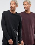 Asos Longline Long Sleeve T-shirt With Curve Hem 2 Pack Save - Multi