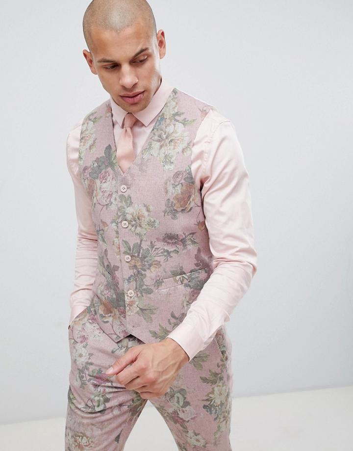 Asos Design Skinny Suit Vest In Printed Pink Floral Wool Mix - Pink